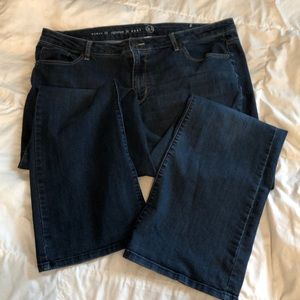 Soft dark blue W62 boot cut jeans.